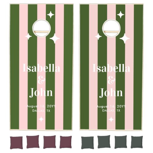 Pink Green Striped Wedding Cornhole Set