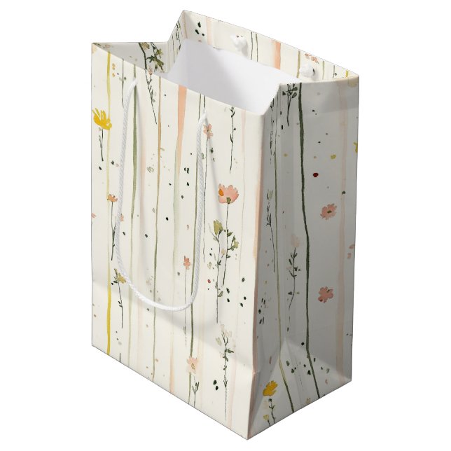 Pink Green Stripes Flowers Bridal Shower Medium Gift Bag (Front Angled)