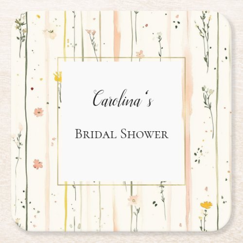 Pink Green Stripes Flowers Bridal Shower   Square Paper Coaster