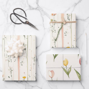 Pink Green Stripes Flowers Tulips Bridal Shower Wrapping Paper Sheets