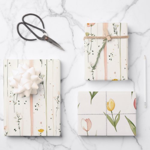 Pink Green Stripes Flowers Tulips Bridal Shower Wrapping Paper Sheets