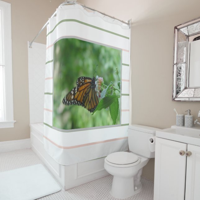 Pink Green Stripes Monarch Butterfly Shower Curtain (In Situ)