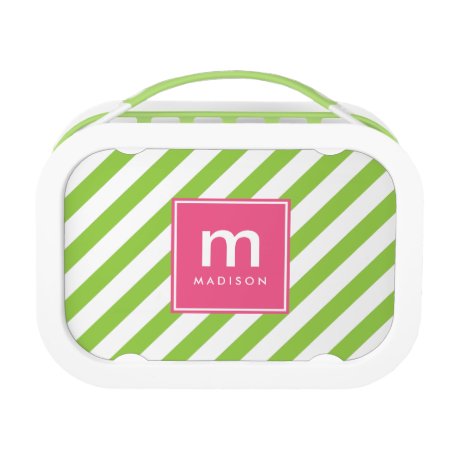 Pink Green Stripes Monogrammed Lunch Box
