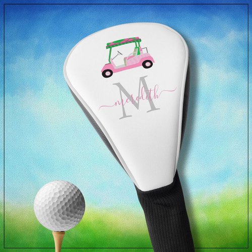 Pink Green Stylish Cart Clubs Name Monogram   Golf Head Cover