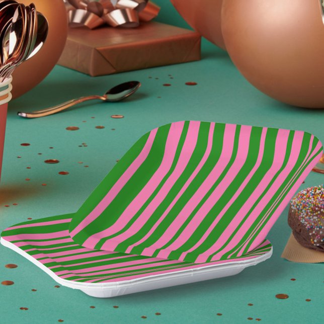 Pink Green Stylish Stripes Pattern Design  Paper Plates (Creator Uploaded)
