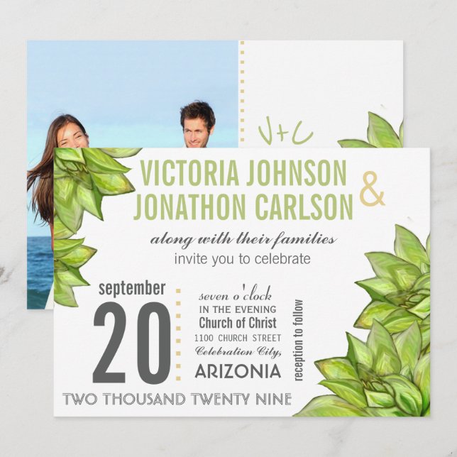 Pink Green Succulent Modern Photo on Back Wedding Invitation (Front/Back)