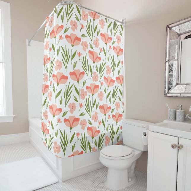 Pink Green Summer Flowers Foliage Pattern Shower Curtain (In Situ)
