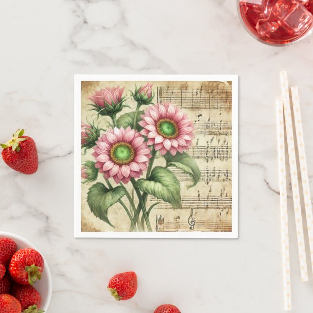 Pink & Green Sunflowers Vintage Music Découpage Napkins (Insitu)