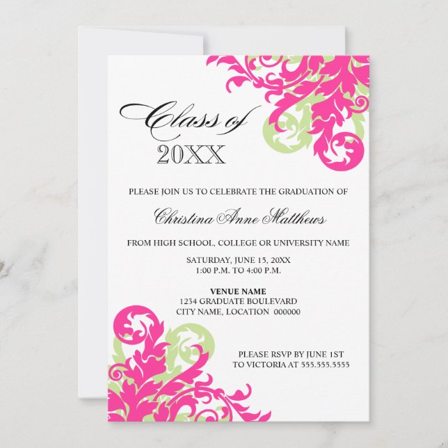 Pink Green Swirl Graduation Announcement (Front)