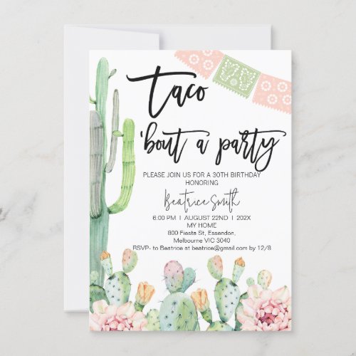 Pink Green Taco Bout Party Birthday Invitation