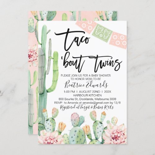 Pink Green Taco Bout Twins Baby Shower Invitation