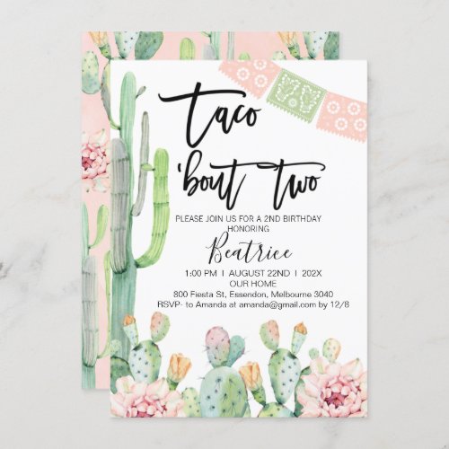 Pink Green Taco Bout Two 2nd Birthday Invitation