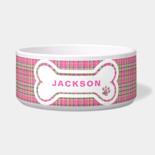 Pink & Green Tartan Plaid Dog Bone Bowl