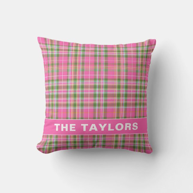 Pink & Green Tartan Plaid Family Name Throw Pillow (Front)