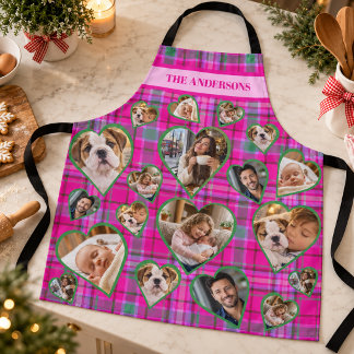 Pink Green Tartan Plaid Family Photo Collage Apron