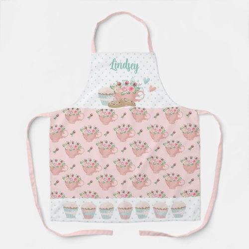 Pink  Green Tea and Cupcakes Personalized Apron