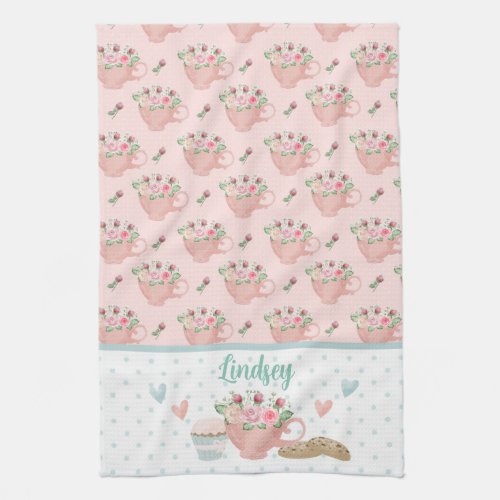 Pink  Green Tea and Cupcakes Personalized   Kitchen Towel