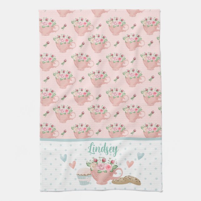 Pink & Green Tea and Cupcakes Personalized   Kitchen Towel (Vertical)