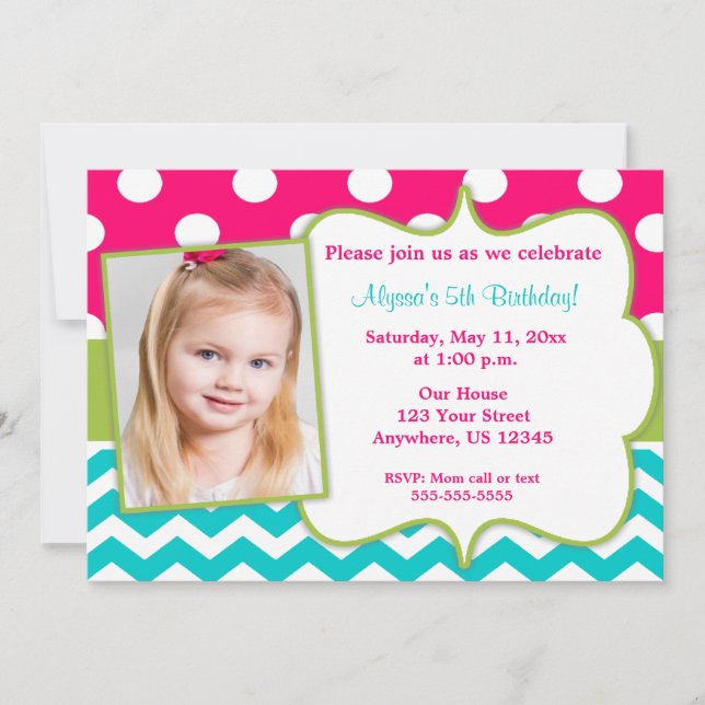 Pink Green Teal Chevron Photo Invite (Front)