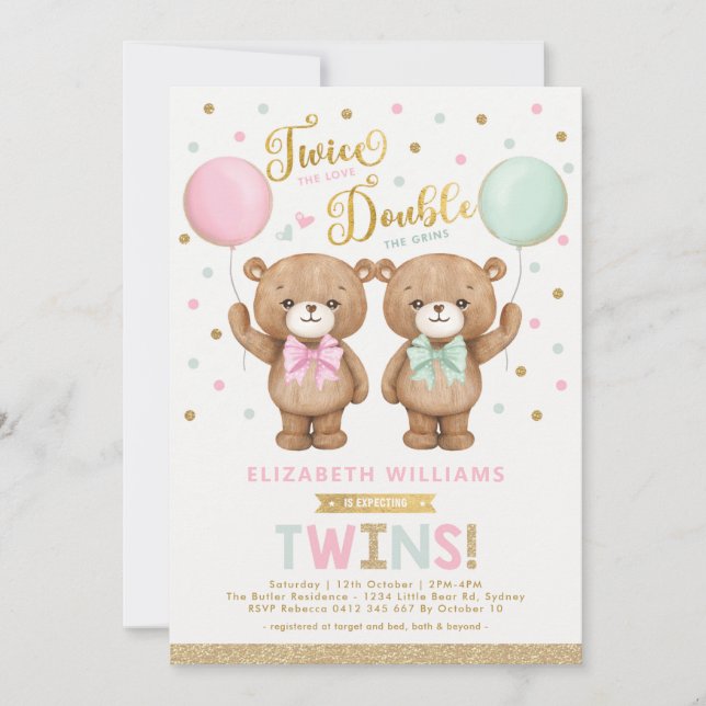 Pink Green Teddy Bear Balloon Twin Baby Shower Invitation (Front)