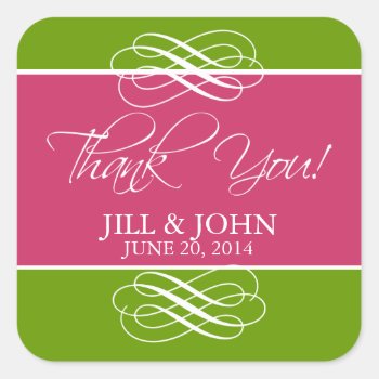 Pink Green Thank You Favor Label Wedding Stickers by epclarke at Zazzle