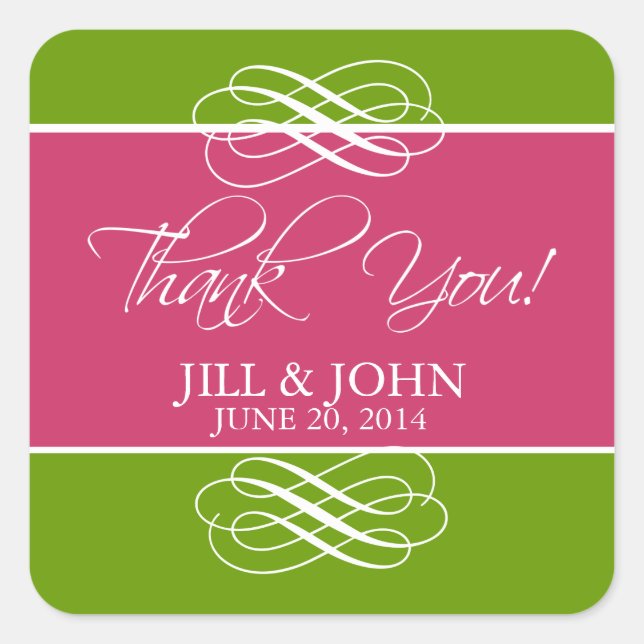 Pink Green Thank You Favor Label Wedding Stickers (Front)