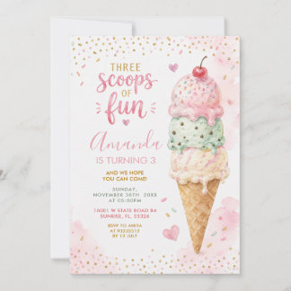Pink Green Three Scoops Of Fun 3rd Birthday Party Invitation