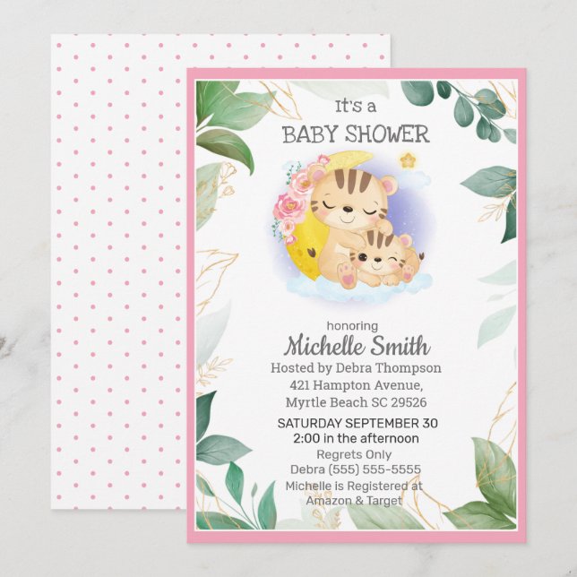 Pink Green Tiger Floral  Mom Baby Shower      Invitation (Front/Back)