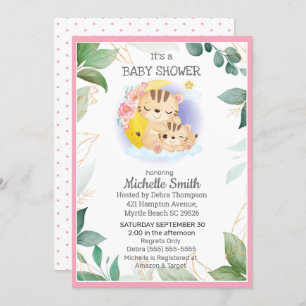 Pink Green Tiger Floral Mom Baby Shower Invitation