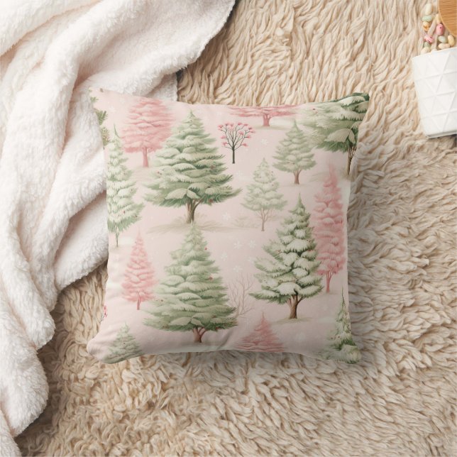 Pink Green Trees Christmas Holiday Throw Pillow (Blanket)