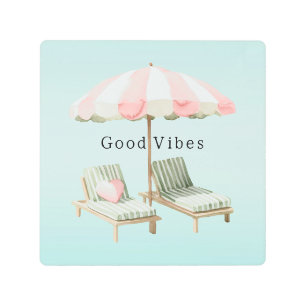 Pink Green Tropical Beach Umbrella Metal Print
