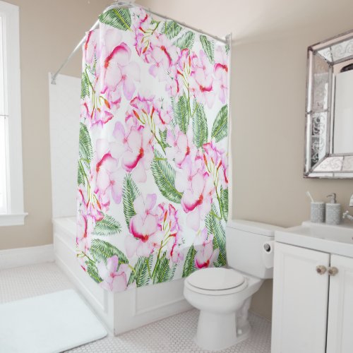 Pink Green Tropical Botanical Oasis Leaves Floral Shower Curtain