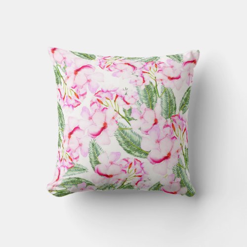 Pink Green Tropical Botanical Oasis Leaves Floral Throw Pillow