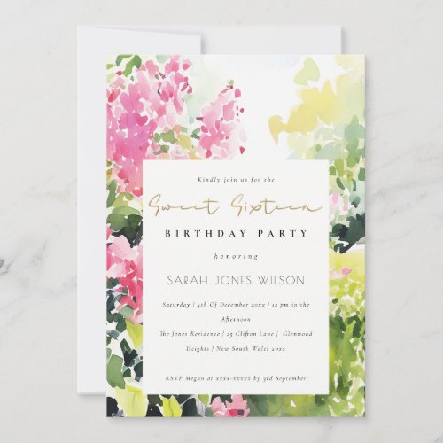 Pink Green Tropical Bougainvillea 16th Birthday Invitation