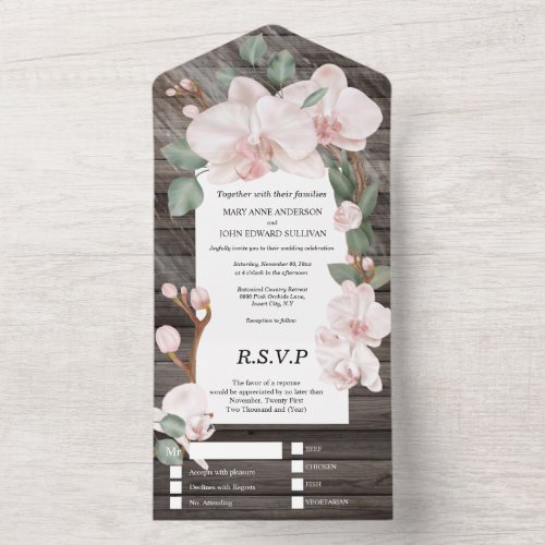 Pink green tropical country orchid elegant wood all in one invitation