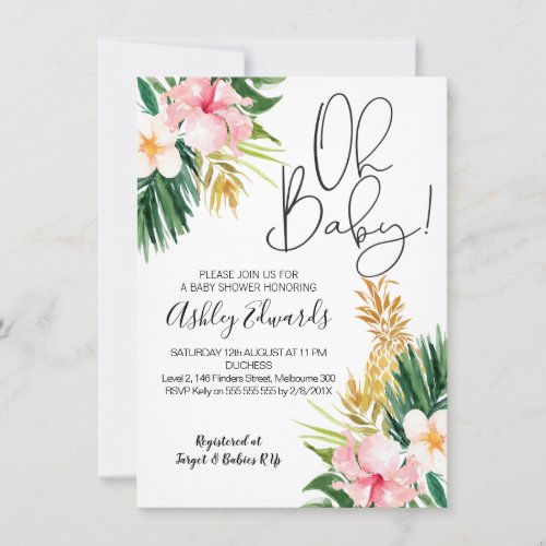 Pink Green Tropical Floral Baby Shower Invitation
