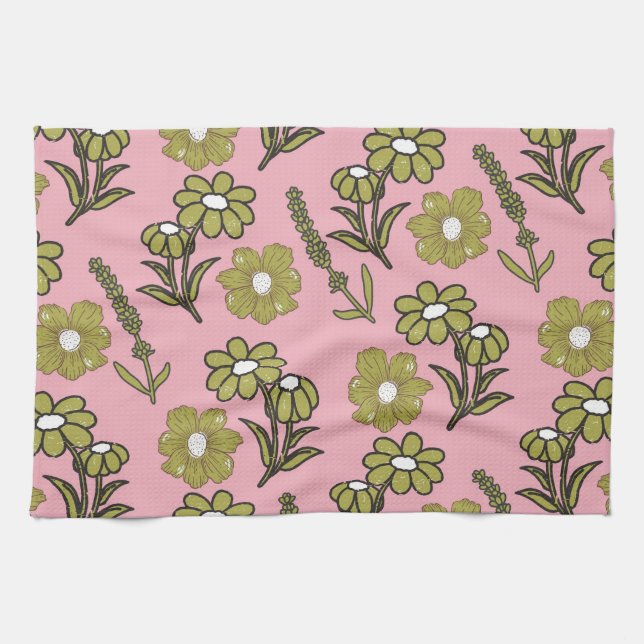 Pink Green Tropical Floral Botanical Spring Summer Kitchen Towel (Horizontal)