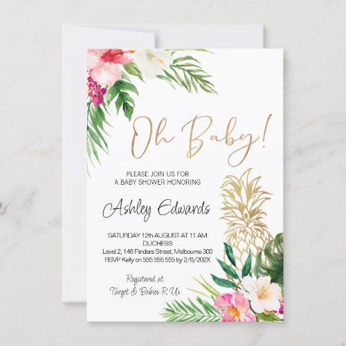 Pink Green Tropical Floral Oh Baby Shower Invitation