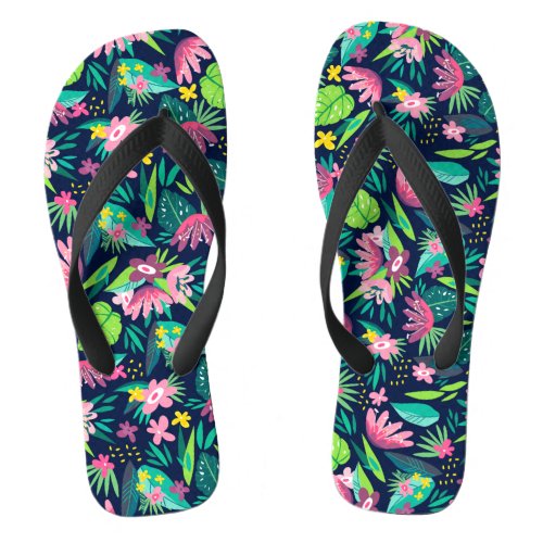 Pink  Green Tropical Flowers  Leafs Pattern Flip Flops