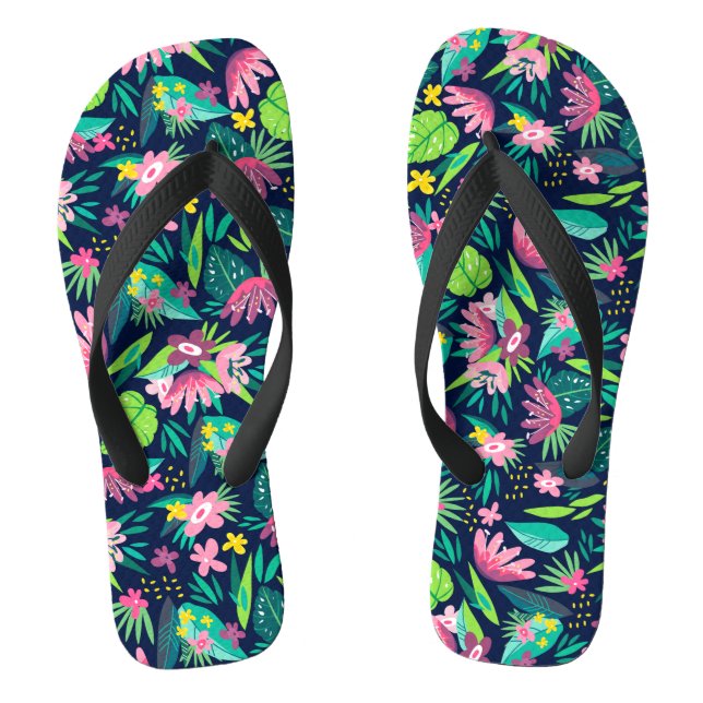 Pink & Green Tropical Flowers & Leafs Pattern Flip Flops (Footbed)