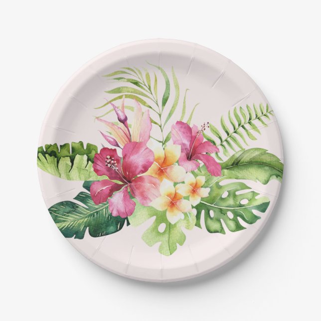Pink Green Tropical Flowers Paper Plates, 7" Plates (Front)