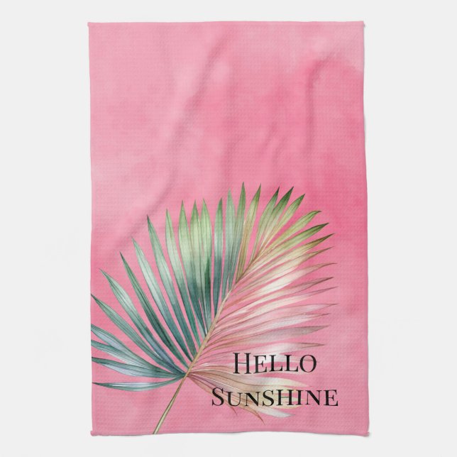 Pink Green Tropical Leaf Kitchen Towel (Vertical)