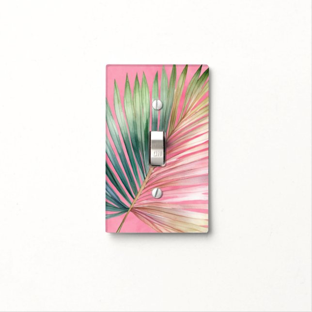 Pink Green Tropical Leaf Light Switch Cover (In Situ)