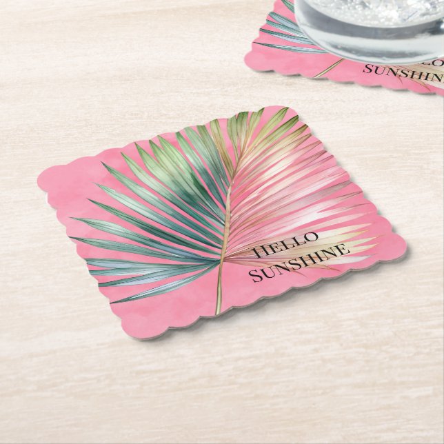 Pink Green Tropical Leaf Paper Coaster (Angled)