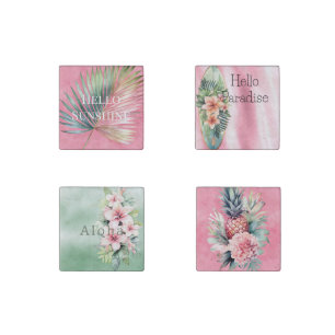 Pink Green Tropical Leaf Stone Magnet