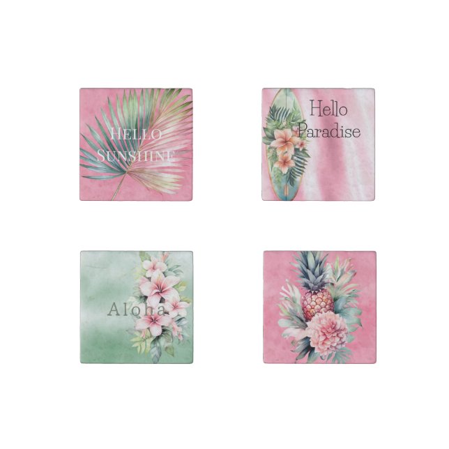 Pink Green Tropical Leaf Stone Magnet (Front)