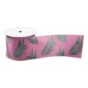 Pink Green Tropical Leaves Satin Ribbon