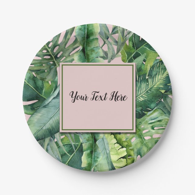 Pink & Green Tropical Leaves Sweet 16 Party Paper Plates (Front)
