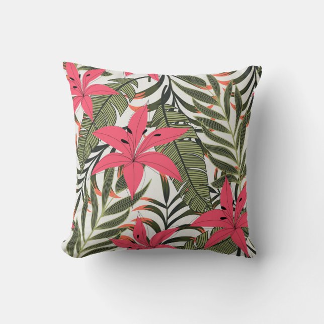 Pink & Green Tropical Leaves Throw Pillow (Front)