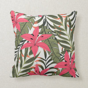 Pink & Green Tropical Leaves Throw Pillow